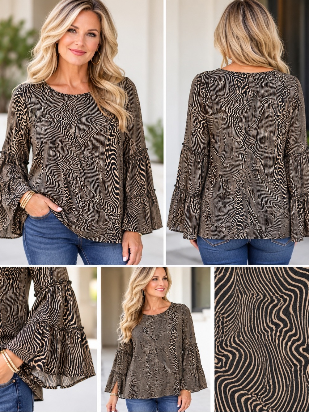 Peck & Peck Abstract Print Tiered Bell Sleeve Top Small